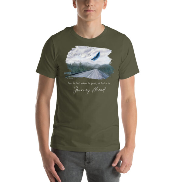 "Honor the Past, Embrace the Present" Inspirational Watercolor Feather T-Shirt - Image 7